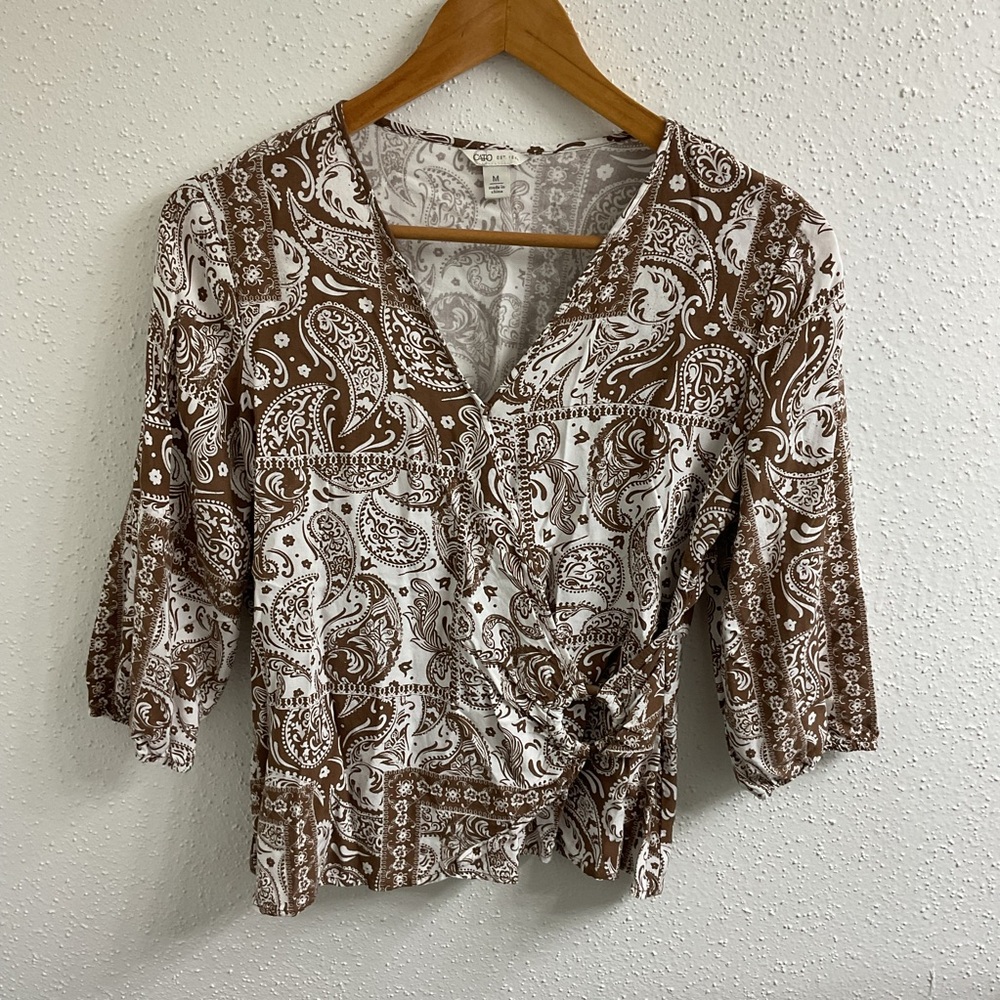 Cato Brown and White Wrap Blouse with Notched Collar
